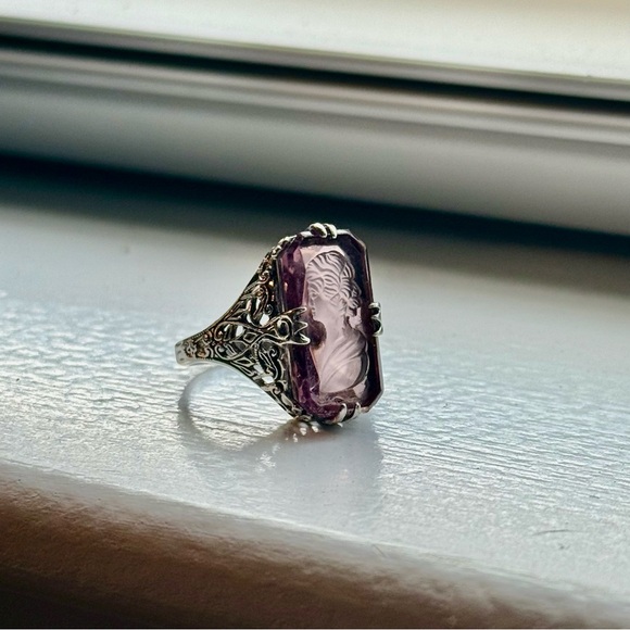 Sterling Silver Pink Cameo Ring Sz 6.5 Vintage Style Filigree Lady Profile 925 - Picture 3 of 8
